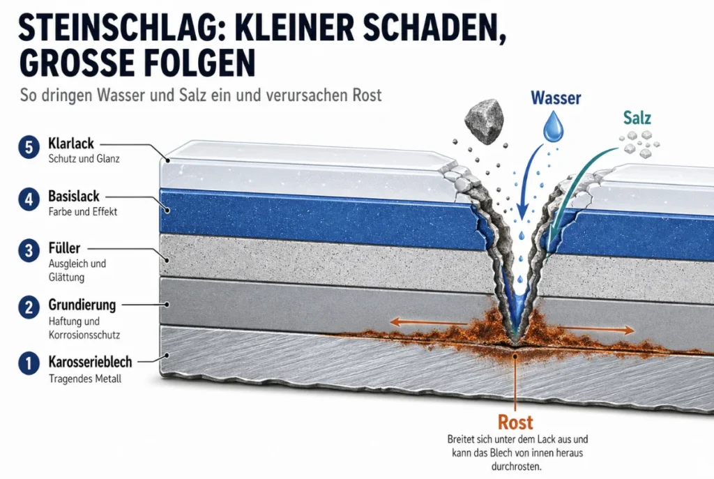 Erklärgrafik zu den Folgen eines Steinschlags im Autolack. Dargestellt ist ein Querschnitt durch den Lackaufbau mit Karosserieblech, Grundierung, Füller, Basislack und Klarlack. Ein tiefer Steinschlag durchbricht die Lackschichten bis zum Metall. Pfeile zeigen, wie Wasser und Salz in die Schadstelle eindringen. Am unteren Rand breitet sich Rost unter dem Lack aus. Die Grafik erklärt, dass Rost unter der Beschichtung weiterwandern und das Blech von innen heraus durchrosten kann.