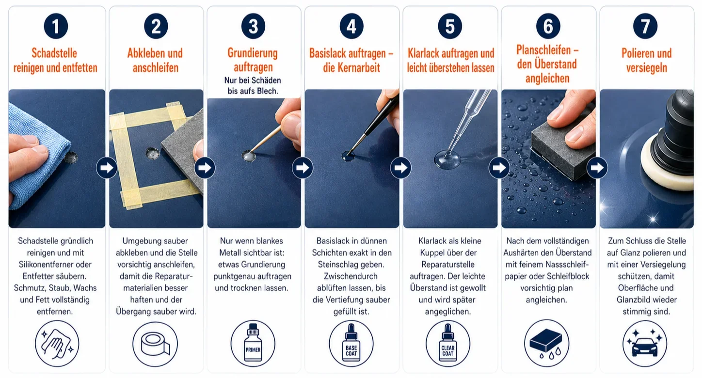 Infografik mit einer siebenteiligen Schritt-für-Schritt-Anleitung zur Reparatur eines Steinschlags im Autolack. Die Schritte zeigen: Schadstelle reinigen und entfetten, Umgebung abkleben und anschleifen, bei sichtbarem Metall Grundierung auftragen, Basislack in dünnen Schichten einfüllen, Klarlack leicht überstehend auftragen, den Überstand nach dem Aushärten planschleifen und die reparierte Stelle polieren und versiegeln. Jede Spalte enthält ein Foto der jeweiligen Arbeitssituation sowie ein passendes Symbol.
