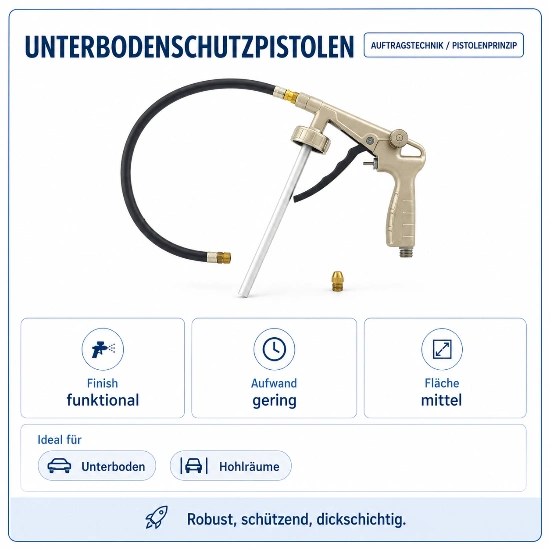 Infografik zu Unterbodenschutzpistolen als Auftragstechnik nach Pistolenprinzip. Abgebildet ist eine Pistole mit Schlauch, Düse und Ansaugrohr. Die Karte bewertet das Finish als funktional, den Aufwand als gering und die Fläche als mittel. Als ideale Einsatzbereiche werden Unterboden und Hohlräume genannt. Der Hinweis unten lautet: Robust, schützend, dickschichtig.