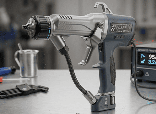 Eine hochwertige elektrostatische Lackierpistole auf einem metallischen Arbeitstisch. Im Hintergrund ist ein digitales Kontrollmodul für Spannung und Luftdruck sowie diverses Werkzeug sichtbar.