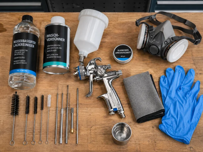 Auf einer hölzernen Werkbank liegt ein vollständiges Reinigungs- und Pflegeset für eine Lackierpistole. Zu sehen sind eine verchromte Lackierpistole mit Fließbecher, wasserbasierter Lackreiniger, Waschverdünner, silikonfreies Spritzpistolenfett, Reinigungsbürsten, Reinigungsnadeln, ein Metallbecher, ein Mikrofasertuch, blaue Schutzhandschuhe und eine Atemschutzmaske. Das Bild zeigt übersichtlich, welche Werkzeuge und Schutzmittel für die Reinigung und Wartung einer Lackierpistole benötigt werden.
