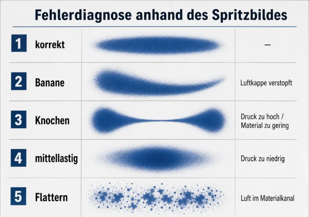 Infografik zur Fehlerdiagnose bei Lackierpistolen mit fünf Spritzbildern auf hellem Hintergrund. Gezeigt werden ein korrektes gleichmäßiges Spritzbild, ein einseitig gekrümmtes Spritzbild mit der Bezeichnung Banane, ein geteiltes Spritzbild in Knochenform, ein mittellastiges Spritzbild mit zu viel Material in der Mitte und ein unregelmäßiges flatterndes Spritzbild. Rechts stehen die typischen Ursachen: verstopfte Luftkappe, zu hoher Druck oder zu geringe Materialmenge, zu niedriger Druck und Luft im Materialkanal.
