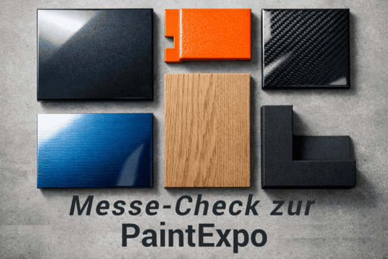 Verschiedene Materialproben für die Oberflächenbeschichtung wie Carbon, Holz, Kunststoff und lackiertes Metall auf einem grauen Beton-Hintergrund. Im unteren Bereich steht der Text "Messe-Check zur PaintExpo".