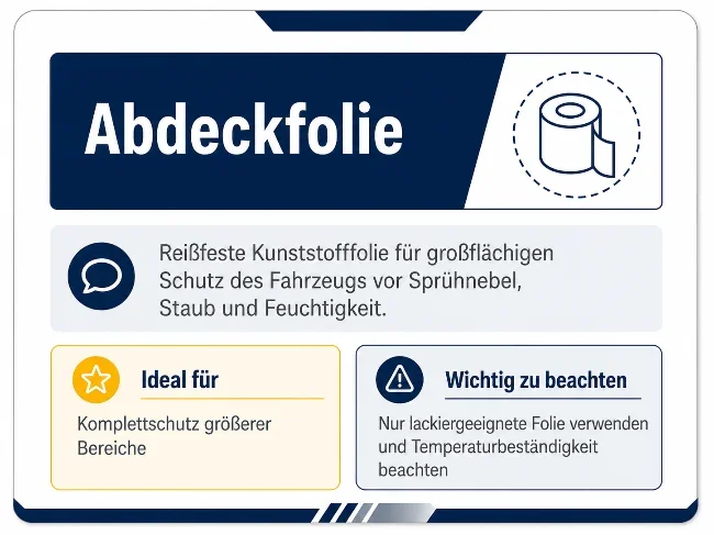 Infokarte zur Abdeckfolie mit Rollensymbol. Die Karte erklärt eine reißfeste Kunststofffolie für den großflächigen Schutz des Fahrzeugs vor Sprühnebel, Staub und Feuchtigkeit. Als idealer Einsatz wird der Komplettschutz größerer Bereiche genannt. Der Hinweis betont, nur lackiergeeignete Folie zu verwenden und die Temperaturbeständigkeit zu beachten.