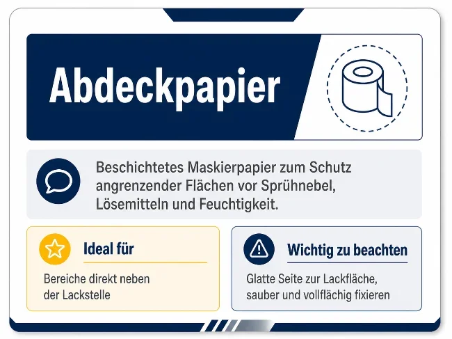 Infokarte zum Thema Abdeckpapier mit Rollensymbol. Beschrieben wird beschichtetes Maskierpapier zum Schutz angrenzender Flächen vor Sprühnebel, Lösemitteln und Feuchtigkeit. Als idealer Einsatzbereich werden Bereiche direkt neben der Lackstelle genannt. Der Hinweis empfiehlt, die glatte Seite zur Lackfläche auszurichten und das Papier sauber sowie vollflächig zu fixieren.