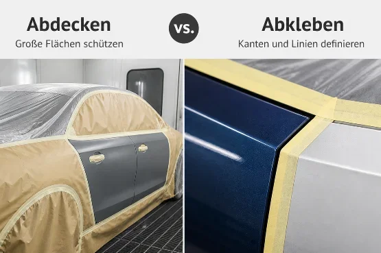 Vergleichsgrafik Abdecken & Abkleben mit zwei Bereichen: links ein teilweise abgedecktes Auto in einer Lackierkabine zum Schutz großer Flächen, rechts eine Nahaufnahme von gelbem Abklebeband auf einer Fahrzeugkarosserie zur sauberen Definition von Kanten und Linien.