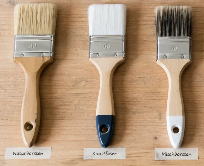 Drei Lackierpinsel liegen nebeneinander auf einer Holzoberfläche. Links ist ein Pinsel mit hellen Naturborsten zu sehen, in der Mitte ein Pinsel mit weißen Kunstfasern und rechts ein Pinsel mit dunklen Mischborsten. Unter den Pinseln stehen die Beschriftungen Naturborsten, Kunstfaser und Mischborsten.