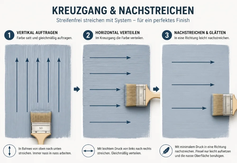 Infografik mit drei Schritten zum streifenfreien Lackieren mit dem Pinsel. Schritt 1 zeigt den vertikalen Lackauftrag auf einer blaugrauen Fläche. Schritt 2 zeigt das horizontale Verteilen des Lacks im Kreuzgang. Schritt 3 zeigt das leichte Nachstreichen und Glätten in eine Richtung. Pfeile markieren die jeweilige Bewegungsrichtung des Pinsels.