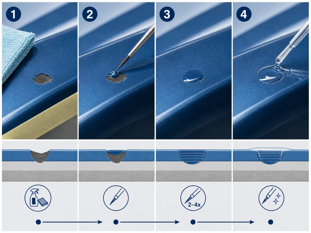 Infografik mit vier nummerierten Schritten zur Reparatur eines Lackschadens auf blauem Autolack. Schritt 1 zeigt das Reinigen der beschädigten Stelle, Schritt 2 das Auftragen von Farbe mit einem feinen Pinsel, Schritt 3 mehrere Lackschichten zum Auffüllen und Schritt 4 eine klare Versiegelung mit Pipette. Darunter sind Querschnitt-Darstellungen der Lackschicht zu sehen.