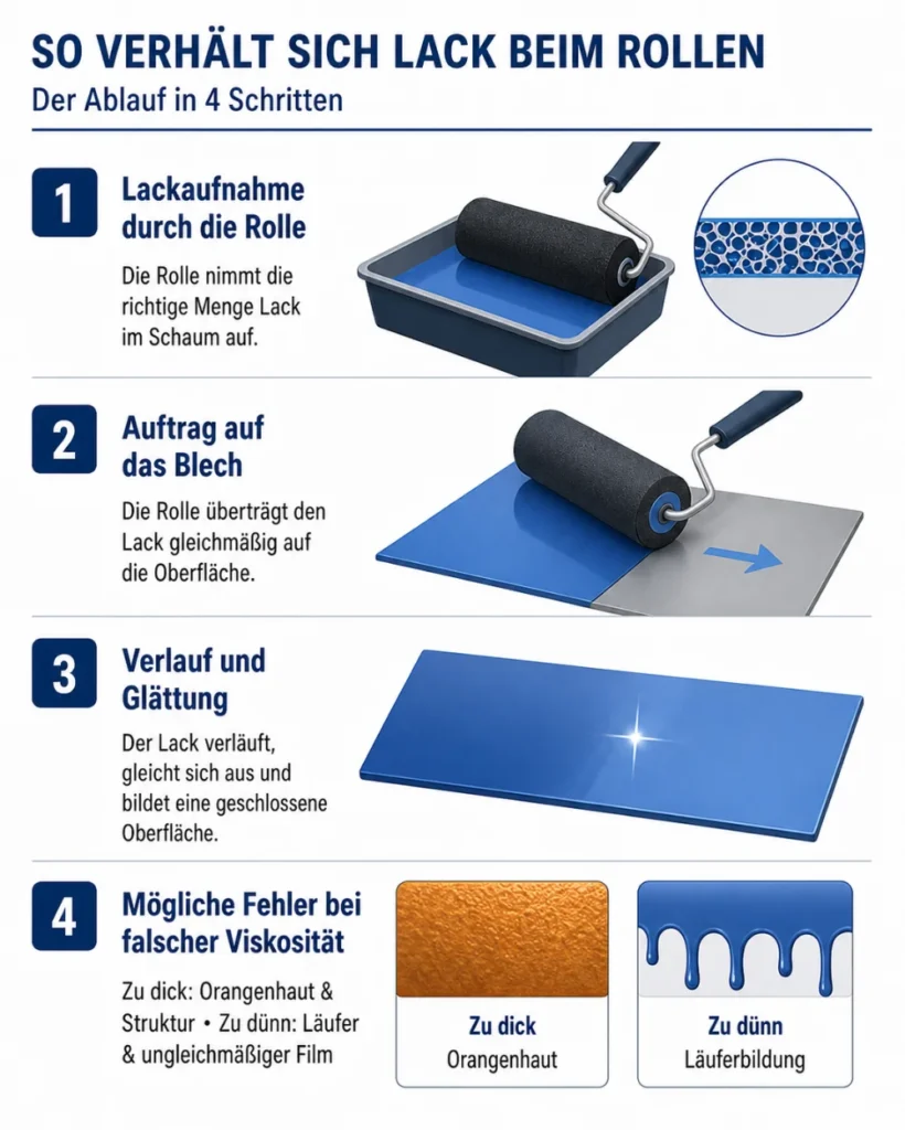 Infografik mit der Überschrift „So verhält sich Lack beim Rollen“. Der Ablauf wird in vier Schritten gezeigt: Die Rolle nimmt Lack auf, überträgt ihn gleichmäßig auf ein Blech, der Lack verläuft und bildet eine geschlossene Oberfläche. Im letzten Abschnitt werden Fehler bei falscher Viskosität dargestellt: zu dicker Lack kann Orangenhaut und Struktur erzeugen, zu dünner Lack kann Läufer und ungleichmäßige Filme verursachen.