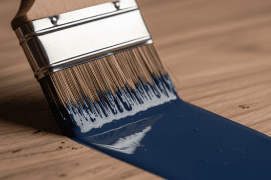 Ein flacher Pinsel zieht eine glänzende Bahn aus tiefblauem Lack über eine matte Holzfläche aus Walnuss; Fokus auf die Borsten und den nassen Lackfilm.