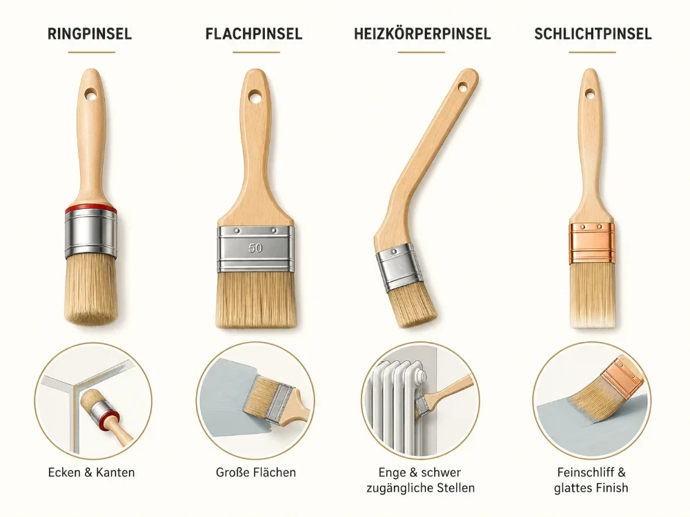 Infografik mit vier Lackierpinseln und ihren Einsatzbereichen. Zu sehen sind ein Ringpinsel für Ecken und Kanten, ein Flachpinsel für große Flächen, ein Heizkörperpinsel für enge und schwer zugängliche Stellen sowie ein Schlichtpinsel für Feinschliff und glattes Finish. Unter jedem Pinsel befindet sich eine kleine Anwendungsgrafik.