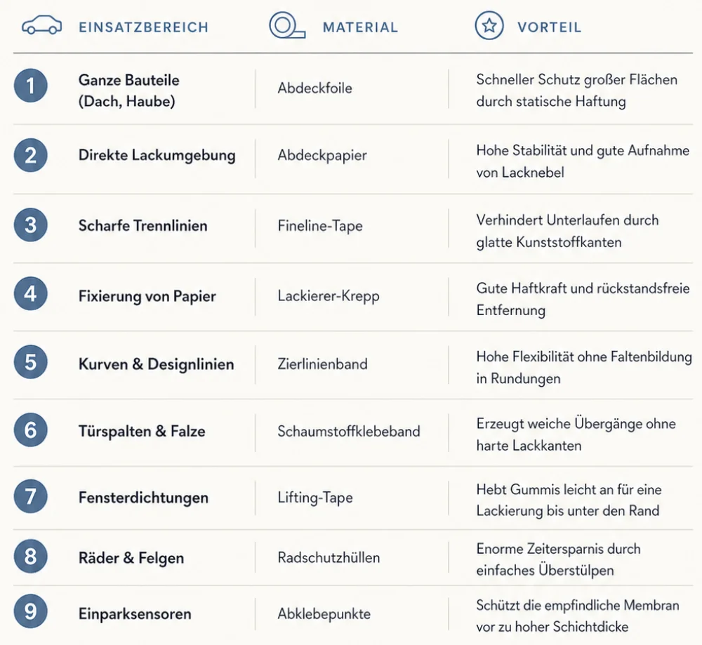 Tabellarische Übersicht zum Abdecken und Maskieren bei Lackierarbeiten. Die Tabelle zeigt drei Spalten: Einsatzbereich, Material und Vorteil. Aufgeführt sind Abdeckfolie für ganze Bauteile wie Dach und Haube, Abdeckpapier für die direkte Lackumgebung, Fineline-Tape für scharfe Trennlinien, Lackierer-Krepp zur Fixierung von Papier, Zierlinienband für Kurven und Designlinien, Schaumstoffklebeband für Türspalten und Falze, Lifting-Tape für Fensterdichtungen, Radschutzhüllen für Räder und Felgen sowie Abklebepunkte für Einparksensoren. Die Vorteile reichen von schnellem Flächenschutz über saubere Trennlinien bis zum Schutz empfindlicher Sensorflächen.