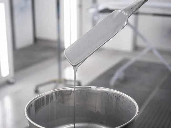 Ein Metallspachtel ist mit grauem Lack benetzt und wird über einen offenen Metallbehälter gehalten. Der Lack fließt in einem dünnen Strahl vom Spachtel zurück in den Behälter. Die Szene befindet sich in einem hellen Lackierraum mit unscharfen Leuchten und Arbeitsgeräten im Hintergrund.