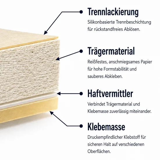 Technische Infografik mit vergrößertem Querschnitt eines Abdeckbands. Pfeile markieren die Schichten Trennlackierung, Trägermaterial, Haftvermittler und Klebemasse. Die Darstellung erklärt den Aufbau eines Papier-Abdeckbands und die Funktion der einzelnen Schichten für sauberes Abkleben und sicheres Haften.