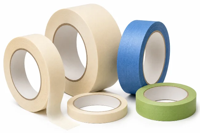 Mehrere Rollen Abdeckband in unterschiedlichen Breiten und Farben auf hellem Hintergrund. Zu sehen sind beige Kreppbänder, ein blaues Washi-Band und ein grünes Klebeband, geeignet zur Veranschaulichung verschiedener Maskierbänder für Lackierarbeiten.