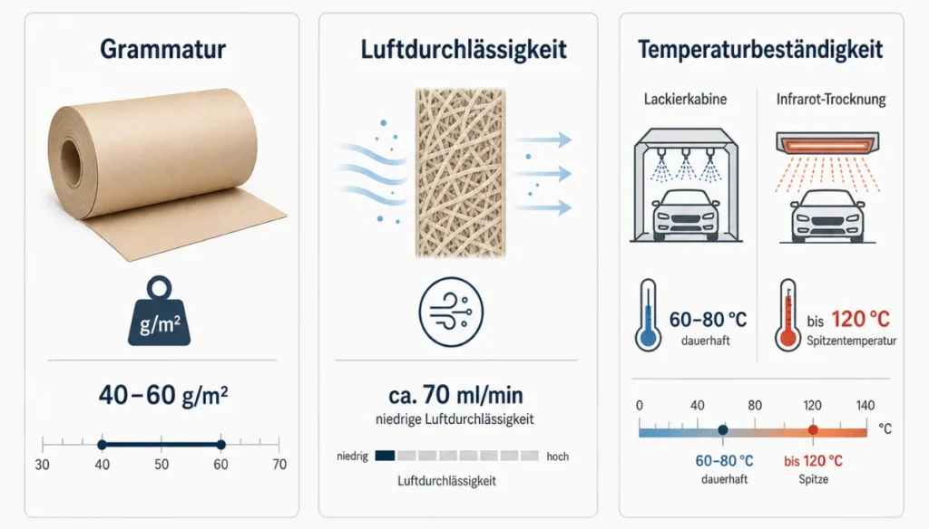 Infografik mit drei technischen Eigenschaften von Abdeckpapier: Grammatur von 40 bis 60 g/m², Luftdurchlässigkeit von etwa 70 ml/min und Temperaturbeständigkeit von 60 bis 80 °C dauerhaft sowie bis 120 °C als Spitzentemperatur.