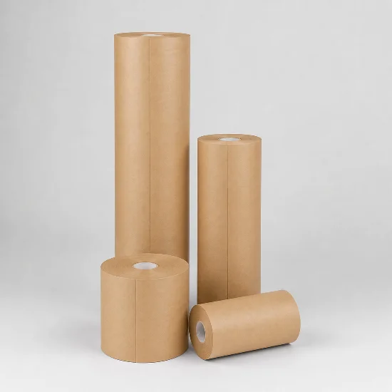 Produktaufnahme mehrerer brauner Abdeckpapier-Rollen in unterschiedlichen Größen. Die Rollen stehen und liegen vor hellem Hintergrund und zeigen verschiedene Breiten für unterschiedliche Abdeckarbeiten im Lackierbereich.
