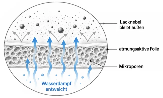 Technische Querschnittsgrafik einer atmungsaktiven Maskierfolie. Im Inneren der Folie sind viele Mikroporen zu sehen. Blaue Pfeile zeigen, wie Wasserdampf durch die Folie nach außen entweicht. Oberhalb der Folie bleibt der Lacknebel zurück. Beschriftungen markieren Lacknebel, atmungsaktive Folie, Mikroporen und entweichenden Wasserdampf.