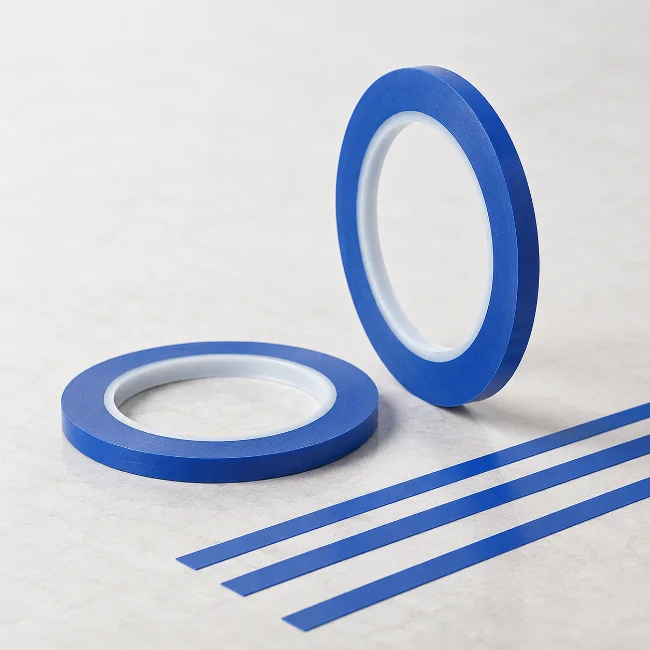 Zwei blaue Rollen Fineline-Tape liegen neben mehreren schmalen blauen Klebestreifen auf einer hellen Oberfläche.