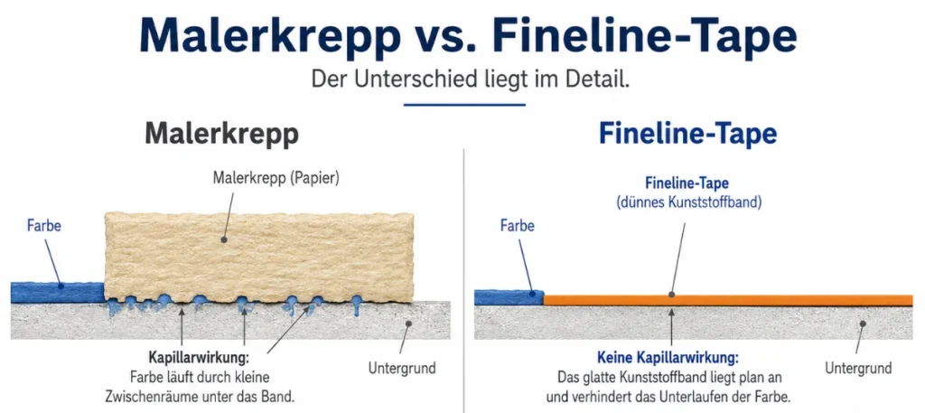 Vergleichsgrafik zwischen Malerkrepp und Fineline-Tape mit Querschnitten, die Farbe, Untergrund und Kapillarwirkung zeigen.