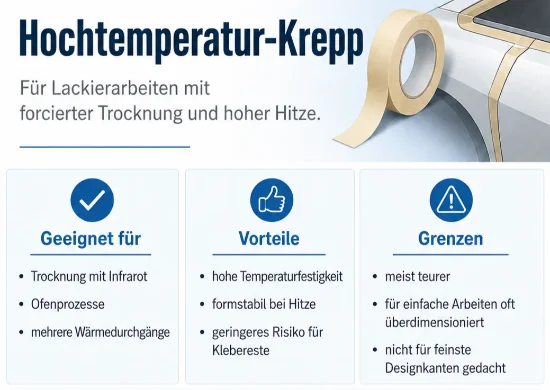 Infografik zu Hochtemperatur-Krepp mit beigem Klebeband auf einer Fahrzeugoberfläche. Das Band wird für Infrarot-Trocknung, Ofenprozesse und mehrere Wärmedurchgänge empfohlen. Hervorgehoben werden hohe Temperaturfestigkeit, Formstabilität bei Hitze und geringeres Risiko für Klebereste.