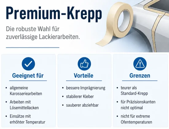 Infografik zu Premium-Krepp mit beigem Abdeckband an einer Fahrzeugkarosserie. Das Band wird für allgemeine Karosseriearbeiten, Arbeiten mit Lösemittellacken und Einsätze mit erhöhter Temperatur beschrieben. Vorteile sind bessere Imprägnierung, stabilerer Kleber und sauberes Abziehen.