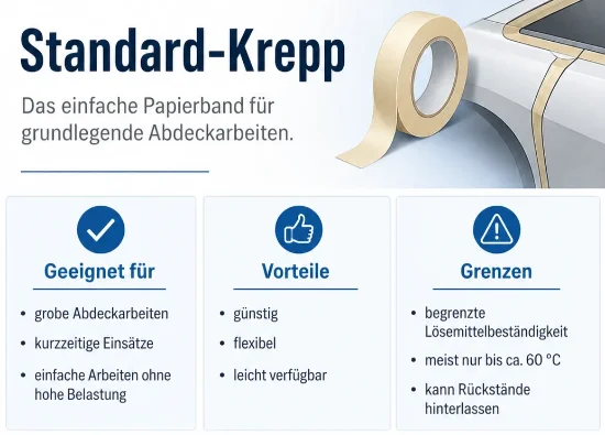 Infografik zu Standard-Krepp mit beigem Papierband an einer Fahrzeugkarosserie. Das Band wird als einfache Lösung für grundlegende Abdeckarbeiten gezeigt. Geeignet ist es für grobe Abdeckarbeiten, kurzfristige Einsätze und einfache Arbeiten ohne hohe Belastung.