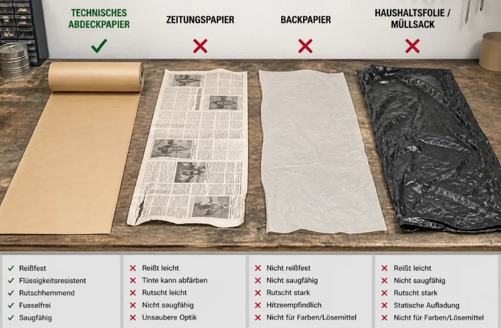 Vergleichsdarstellung verschiedener Abdeckmaterialien auf einer Werkbank. Links liegt technisches Abdeckpapier mit grünem Haken, daneben Zeitungspapier, Backpapier und Haushaltsfolie mit roten Kreuzen. Darunter werden Vorteile wie reißfest, flüssigkeitsresistent, rutschhemmend, fusselfrei und saugfähig hervorgehoben.