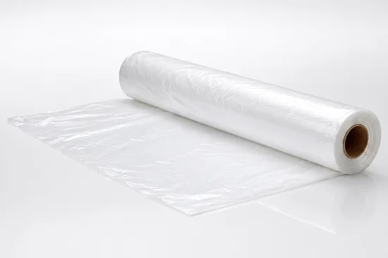 Produktaufnahme einer transparenten Maskierfolie auf einer Rolle mit Pappkern. Ein Teil der Folie ist bereits ausgerollt und liegt flach auf hellem Untergrund. Die Folie wirkt leicht, flexibel und durchscheinend. Das Bild eignet sich zur Darstellung von Abdeckfolie oder Maskierfolie für Lackierarbeiten, Fahrzeugmaskierung, Werkstattbedarf und Oberflächenschutz.