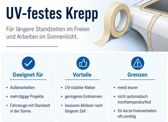 Infografik zu UV-festem Kreppband mit beiger Klebebandrolle an einer Fahrzeugkante. Das Bild beschreibt den Einsatz bei Außenarbeiten, mehrtägigen Projekten und Fahrzeugen mit Standzeit in der Sonne. Vorteile sind UV-stabiler Kleber, geringeres Einbrennen und besseres Ablösen nach längerer Zeit.