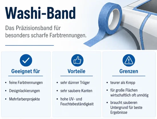 Infografik zum Washi-Band mit blauer Klebebandrolle an einer Fahrzeugkante. Das Bild erklärt, dass Washi-Band für feine Farbtrennungen, Designlackierungen und Mehrfarbenprojekte geeignet ist. Genannt werden dünner Träger, saubere Kanten sowie UV- und Feuchtebeständigkeit.
