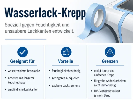 Infografik zum Wasserlack-Krepp mit hellblauem Klebeband an einer Fahrzeugkante. Das Bild zeigt die Eignung für wasserbasierte Basislacke, längere Feuchtephasen und empfindliche Lackkanten. Vorteile sind Feuchtigkeitsbeständigkeit, geringeres Aufquellen und saubere Lacktrennung.