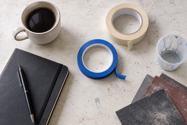 Werkbank mit Notizbuch und Stift, Kaffeetasse, Klebebandrollen, Mischbecher und Schleifpapier als Motiv für den Blog.