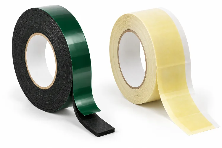 Zwei Rollen Schaumstoffklebeband und Lifting-Tape auf weißem Hintergrund. Links ist schwarzes Schaumstoffband mit grüner Abdeckung zu sehen, rechts ein breites hellgelbes Lifting-Tape mit weißem Rand.